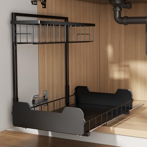 PureBox Under Sink Organizer, 2-Tier L-Shaped Pull Out Cabinet Shelf with 2 Installation Methods, Adjustable Sliding Storage Drawer for Kitchen, Bathroom, Laundry, Metal, Black by Unknown