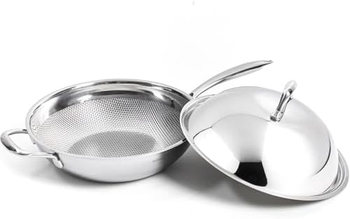 BUFFALO Honeycomb 3ply Stainless Steel Wok Pan 11 inch/28cm with Lid Flat Bottom - Coating-Free Non-stick Stir Fry Pan - Advanced, Scratch-Resistant Design with Stay-Cool Long Handle by Buffalo