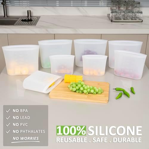 Reusable Storage Bag, 8 Pack 100% Silicone Food Storage Bags Stand Up Silicone Zip Lock Bags for Food Container, Freezer Microwave Oven Dishwasher Safe, 4 Medium 2 Small 2 Extra Small, Translucent - Image 2