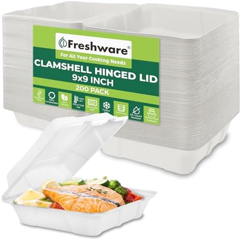 Freshware Compostable Clamshell Take Out Food Containers [9x9" 200-Pack] - Disposable Biodegradable Sugarcane To Go Boxes, Microwave & Freezer Safe, Stackable Paper Food Containers by Freshware