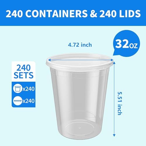 Plastic Deli Containers with Lids, 240 Sets 32 oz Leakproof Soup Cups | 32 oz Quart Container| BPA-Free| Microwave Freezer Safe| Sturdy and Airtight| for Takeout, Meal Prep, Slime, Snack - Image 2