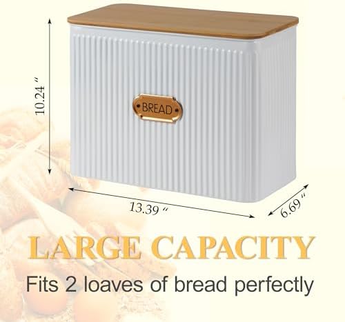 Extra Large Vertical Stripe Embossed Bread Box with Bamboo Lid | Corner Breadbox for Homemade Bread, White Metal Bread Storage Container Bin for Kitchen Countertop, Fits 2 Loaves of Bread - Image 6