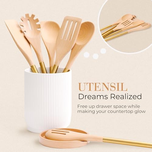 STYLED SETTINGS White Ceramic Utensil Holder with Built-In Wooden Spoon | 2 Piece Set for Kitchen Countertop Organization, Ceramic Utensil Crock & Wood Spoon Rest - Image 7