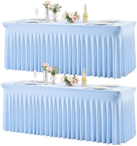 2 Pack 8ft Baby Blue Spandex Table Cloths for Rectangle Tables Wrinkle Free Rectangle Tablecloths, Stretch Fitted Table Cover with Skirt for Baby Shower Boy Birthday Party Wedding Banquet Buffet by Suppromo