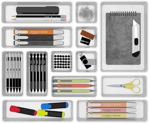 Cetomo 14 Pcs Drawer Organiser Set, Plastic Storage Drawer Organizer, Drawer Dividers, Adjustable and Expandable, Container Tray for Kitchen Utensils, Cosmetic, Makeup, Gadgets, White, 4 Size-14 Pack by Cetomo