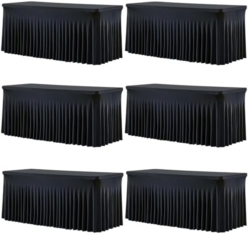 6 Pack Black Spandex Table Covers & Table Skirt for 6FT Rectangle Tables - Fitted 6 Foot Stretch Fabric Tablecloth with Pleats, Wrinkle Free for Weddings, Parties, Craft Fairs & Folding Tables by HBBMAGIC