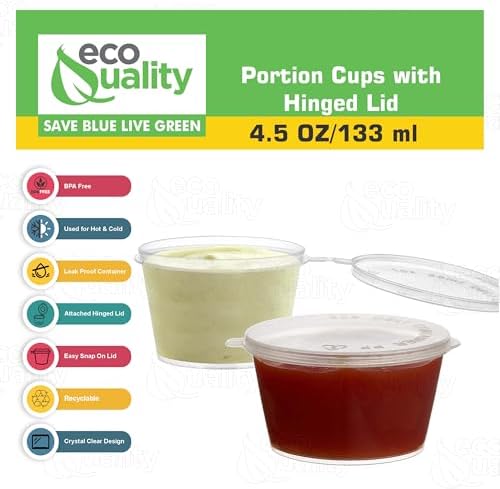 EcoQuality 4.5 Oz Leak Proof Portion Cups with Lids - Plastic Condiment Souffle Containers with Attached Hinged Lid - Perfect for Sauce Cup, Sample Cup, Slime Cup, Jello Shot Cups with Lids - Image 3