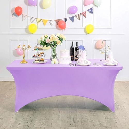 MDS® Pack of 2 Spandex Tablecloth 6FT Tight Fitted Stretch Table Cover – Washable Wrinkle-Free Reusable Elastic Patio Tablecloth for Wedding, Party, Banquet, Trade Show, Event Décor - Lavender - Image 2