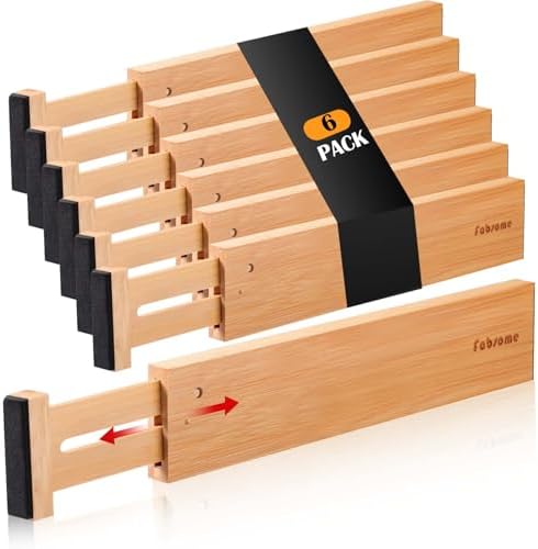 Fabsome Drawer Divider 6 Pack, Bamboo Dresser Organizers for Clothes Socks Underwear Baby Clothing, Wooden Separators for Nursery Organization Adjustable from 12.5'' to 17'' with Soft Foam Ends by Fabsome