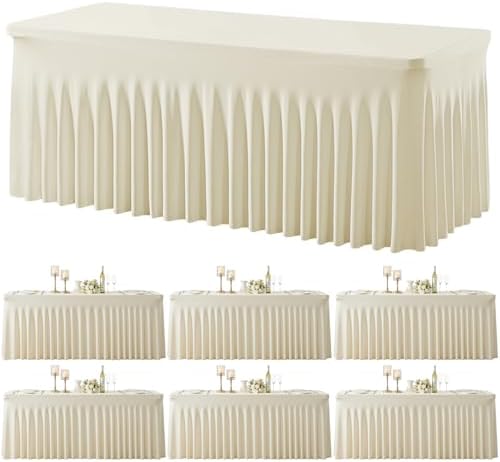 6 Pack Beige Table Cloth for 6 Foot Rectangle Tables Spandex Fitted Tablecloth 6ft Stretch Table Covers Skirt Beige Banquet Tablecloths Wrinkle Free Tablecloth for Party Wedding Birthday Event by Tao-GePartyDecorations