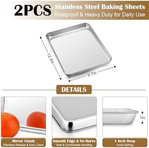 E-far Baking Sheet with Wire Rack (2 Pans + 2 Racks), Stainless Steel Cookie Sheets Pan & Cooling Rack for Baking Cookies Cake, Non Toxic & Heavy Duty, Oven & Dishwasher Safe, 12.4 x 9.7 x 1 Inch - Image 2