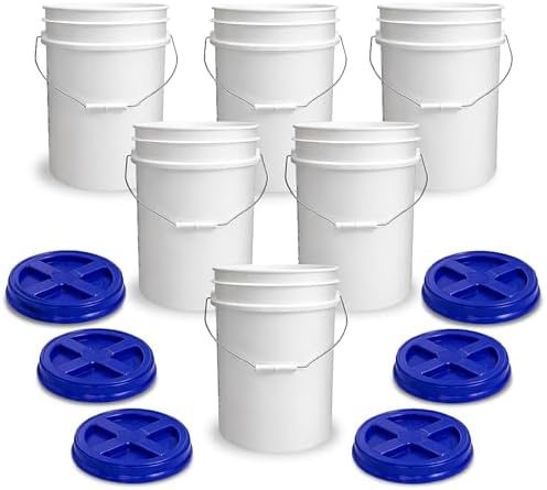 ePackageSupply 5 Gallon Bucket - Food Grade w/Lid BPA-Free, White/Blue, 6 | Airtight Gamma Seal Screw-On Lid, Heavy-Duty 90 Mil HDPE Plastic, Food Safe and Durable Container, Bulk Storage, Made in USA by ePackageSupply