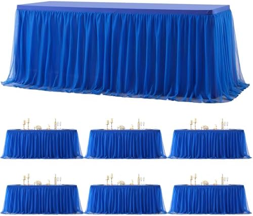 Suppromo 6 Pack 8ft Royal Blue Tulle Tablecloths for Rectangle Tables 8 Foot Rectangular Table Cloth Wrinkle Free Tablecover with Tutu Skirt for Baby Shower Wedding Birthday Party Banquet Buffet Cake by Suppromo