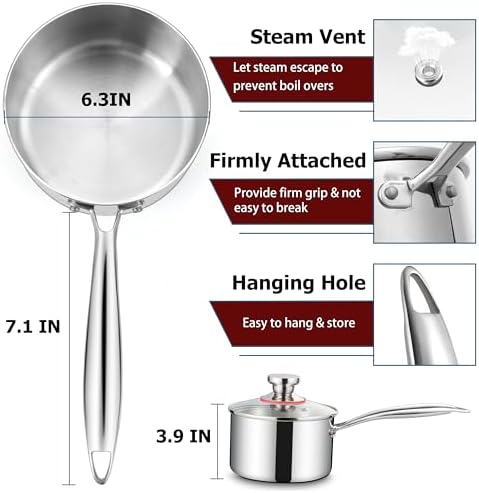 Homikit 2 Quart Saucepan with Lid, 2QT Tri-Ply Stainless Steel Sauce Pan with Ergonomic Handle, Heavy Bottom Small Pot for Kitchen Cooking, Compatible with All Cooktops for Boiling Eggs Warming Milk - Image 2