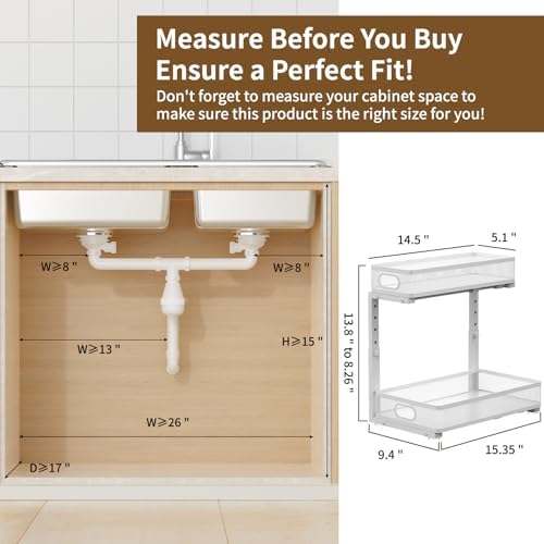 Under Sink Organizer 1 Pack, 2-Tier Slide Out Cabinet Organizer with Metal Sliding Drawer and Hooks, Pull Out Storage Baskets for Kitchen Bathroom Pantry Cabinet Organization (White (1 pack)) - Image 2
