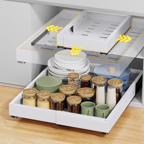 Pull Out Cabinet Organizer, Expandable Width (11.4"-18.9") Depth (16.3"-21.7") Pull out Drawers for Cabinets with 3 Rails, No Drill Adhesive Film or Nail Fixed Slide out Drawers for Kitchen, Pantry by Beolisav