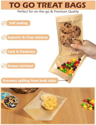100 Pack Self Sealing Cookie Bags with Seal, 4x6 Inch Cookie Bags with Window for Gift Giving, Grease Resistant Bakery Treat Packaging for Candy, Snack, Scone, Brownie, Small Pastries and other Treats - Image 3