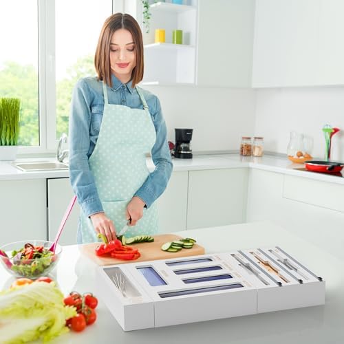 DALSHABET 9 IN1 Bamboo Storage Bag Drawer Organizer with Cutter, Foil and Plastic Wrap Dispenser for Kitchen Storage Compatible with All Brands Gallon, Quart, Sandwich & Snack Size Bags - White - Image 6