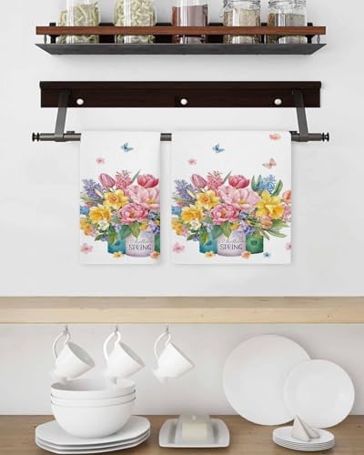 Spring Flowers Waffle Kitchen Hand Towels Set of 4, Watercolor Floral Leaves Butterflies Plant Absorbent Hair Dish Bath Tea Golf Microfiber Towel, Yoga Gym Workout Towel Dish Washcloth 15.7"x23.6" - Image 3