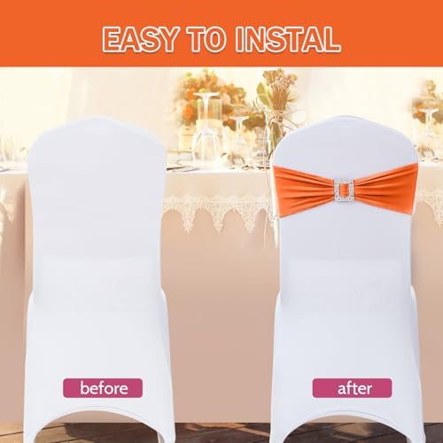 Joccun 120 PCS Spandex Chair Sashes Bows Stretch Chair Cover Band with Buckle Slider Universal Elastic Chair Ties for Wedding Banquet Party Event Decoration (Orange) - Image 4