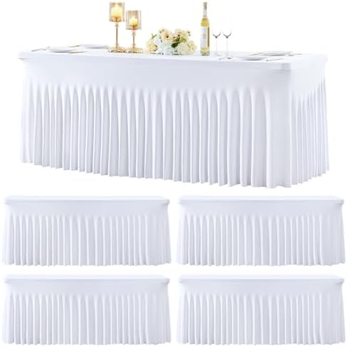 4 Pack 8ft White Spandex Tablecloths for Rectangle Tables Wrinkle Free White Rectangle Table Cloth, Stretch Fitted Table Cover with Skirt for Wedding Birthday Party Banquet Baby Shower Buffet Event by Suppromo