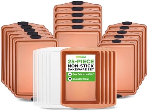 NutriChef 25-Piece Baking Pan Set, Nonstick Carbon Steel Bakeware, Includes 15 Cookie Sheets (3 Each 13", 17", 15") with Silicone Handles, 5 Rectangular Pans with Plastic Lids, PFOA/PFOS/PTFE Free by NutriChef%E2%84%A2Kitchen