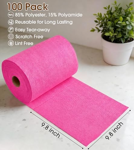 KitchLife Microfiber Cleaning Cloth Roll, 100 Pack - Tear-Away Microfiber Paper Towels, Lint-Free, Reusable, Washable for Kitchen, Car, Dishes, and Sensitive Surfaces (Hot Pink) - Image 2