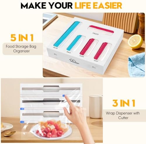 9 in 1 Foil and Plastic Wrap Dispenser with Cutter, White Bamboo Ziplock Bag Organizer for Drawer - Holds Gallon, Quart Bags & Aluminum Foil/Wax Paper, Wall Mountable Kitchen Storage - Image 5