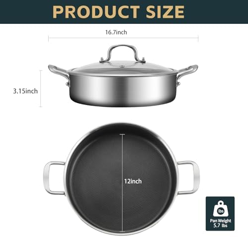 YEKSUM Tri-Ply Stainless Steel 6 Quarts Saute Pan, 12 Inch Nonstick Skillet with lids, Hybird Large Frying Pan,18/10 Chef's Cooking Pan, Induction Pan 12"", Dishwasher and Oven Safe, Silver - Image 4