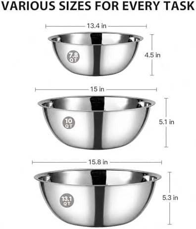 CURTA 3 Piece Stainless Steel Mixing Bowls Set, 7.8/10/13.1 QT - Image 3