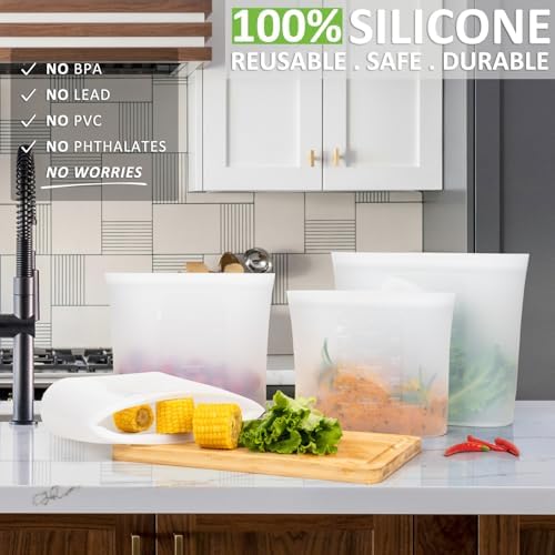 Reusable Storage Bags, Set of 2 Large Sizes, 8 Pack 100% Silicone Food Storage Bags Stand Up Zip Lock Bag for Food, Freezer Microwave Oven Dishwasher Safe, 4 XL-4/5 Gallon, 4 L-1/2 Gallon, Translucent - Image 2