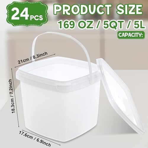 Mifoci 24 Pack5 Qt/169 Oz/5 L Thicken Plastic Buckets with Lids & Handles, Ice Cream Container, Food Grade, Freezer Safe, Sealable Square Reusable Storage Bucket, All Purpose Pails for Soup Fruit Deli - Image 2