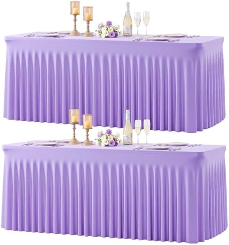 2 Pack Lavender Spandex Tablecloths for Rectangle Tables Light Purple Stretch Table Cloth Rectangle 8ft Lilac Elastic Fitted Table Cover with Skirt for Wedding Birthday Party Banquet Baby Shower by Suppromo