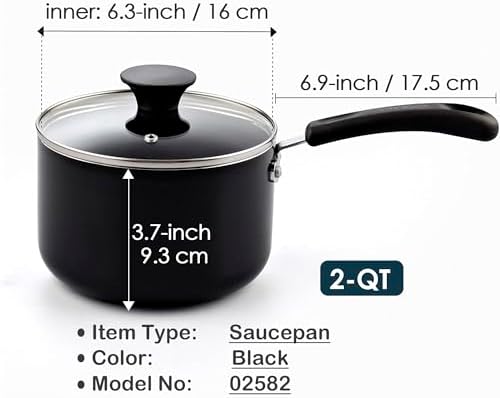 Cook N Home Basic 2 Quart Nonstick Saucepan with Glass Lid, Small Non Stick Aluminum Sauce Pan, Multi-Purpose Milk Chocolate Cooking Pot with Stay-Cool Handle, Black - Image 2