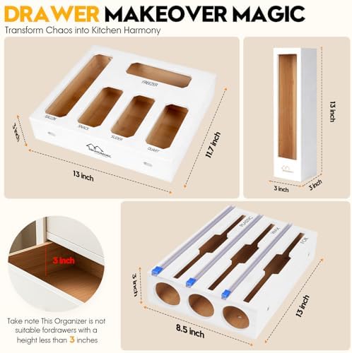 9 in 1 Foil and Plastic Wrap Dispenser with Cutter, White Bamboo Ziplock Bag Organizer for Drawer - Holds Gallon, Quart Bags & Aluminum Foil/Wax Paper, Wall Mountable Kitchen Storage - Image 2