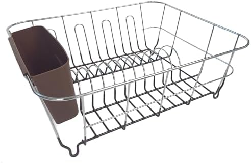 Dish Drying Rack & Cutlery Holder 2 Piece Set - Compact Sink-Fitting Dish Drainer with Rubberized Undercoating, Space-Saving Kitchen Organizer for Plates, Cups, Bowls & Utensils in Sink, Bronze Brown by SweetHomeCollection