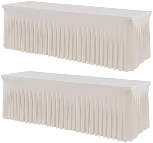 2 Pack Spandex Ivory Table Clothes for 8 Foot Rectangle Tables, Stretch Table Cloth 8ft Fitted Table Cover Desk Skirt for Parties Weddings Birthday Banquet Baby Shower by Htper