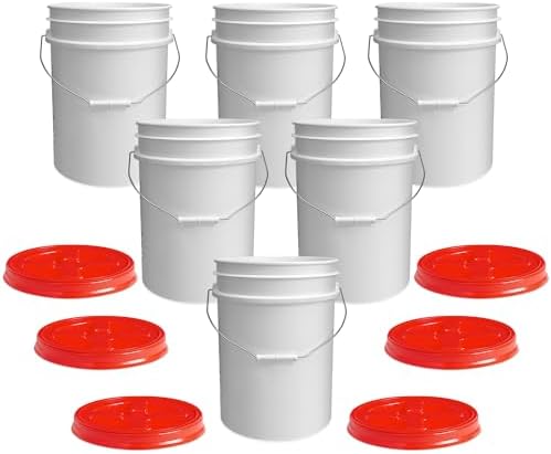 ePackageSupply 5 Gallon Bucket - Food Grade w/Lid BPA-Free, White/Red, 6 | Airtight Gamma Seal Screw-On Lid, Heavy-Duty 90 Mil HDPE Plastic, Food Safe and Durable Container, Bulk Storage, Made in USA by ePackageSupply