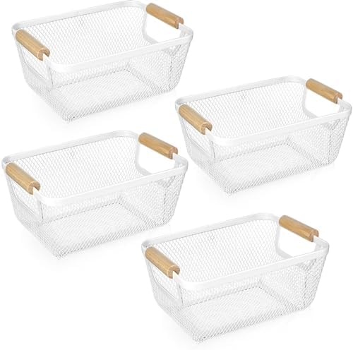 Ziliny 4 Pcs Metal Mesh Wire Baskets with Wooden Handles for Organizing, Pantry Organizers and Storage Steel Bin Kitchen Baskets for Fruit Potato Onion Snacks Bathroom Cabinet(Small,Cream White) by Ziliny