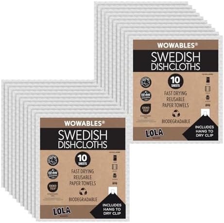 LOLA Swedish Dishcloths for Kitchen 20 Sheets, Biodegradable & Compostable Reusable Paper Towel Cleaning Cloths No Odor Washing Dishes Ultra Absorbent Cellulose Sponge Towel Made in Germany by LolaProducts