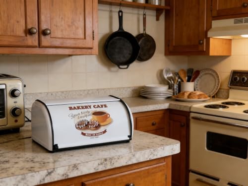 Metal Bread Box for Kitchen Countertop, White Roll Top Bread Bin - Image 6