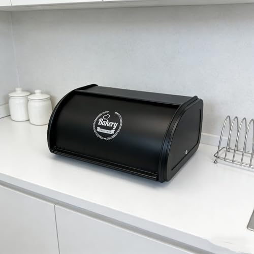 Vintage Roll-Top Bread Box, Black Stainless Steel Farmhouse by JunWondC