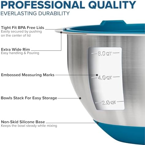 Viking Mixing Bowls Set, 10 Piece Stainless Steel Kitchen Cookware, Non-Slip Silicone Base, Includes Tight Fit Lids, Dishwasher Safe, Teal - Image 3