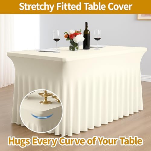 Deep Dream 4 Pack Ivory Spandex Table Covers 4 Foot, Fitted Stretch Tableclothes 24x48 Inch, Wrinkle Free 4FT Fitted Table Clothes with Skirt for Party, Banquet, Wedding and Events - Image 3