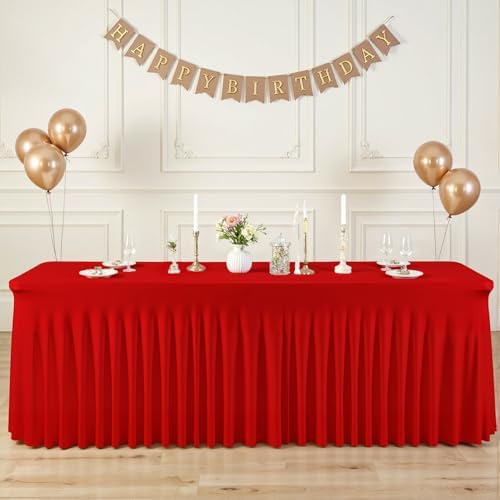 2 Pack Red Spandex Tablecloths for Rectangle Tables 8 Foot Red Stretch Table Cloth Rectangle 8ft Elastic Fitted Table Cover Fabric with Skirt for Wedding Graduation Birthday Party Banquet Buffet - Image 2