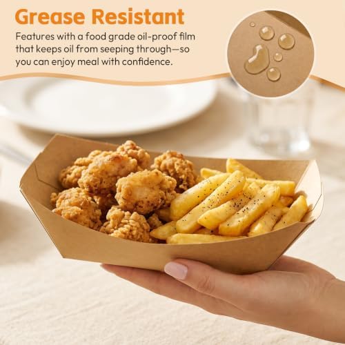Artcochan 500 Pack 3lb Paper Food Trays,Heavy Duty Disposable Food Boats, Greaseproof Kraft Paper Trays for Nachos Hot Dogs Tacos Fries Snacks Party Carnival - Image 3