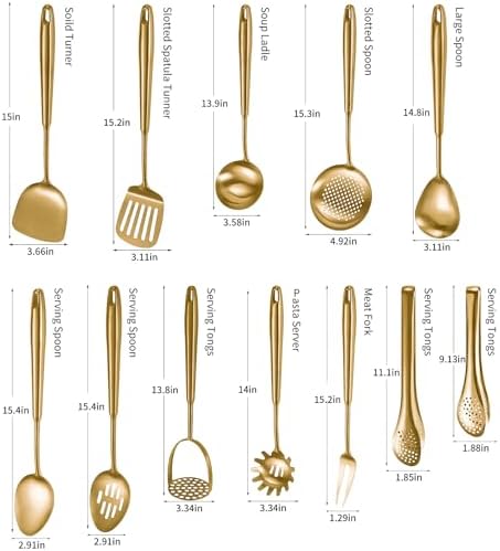 304 Stainlss Steel Matte Kitchen Utensils Set, 12 Pcs Long Metal Cooking Utensil Gadgets Tools Set with Spatula, Ladle, Spoon, Ladle, Skimmer, Tunner, Pasta Server, Tongs(Gold, Dishwasher Safe) - Image 6