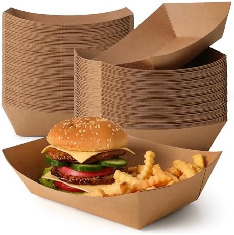 Fit Meal Prep [125 Pack 5 lb Paper Food Trays Heavy Duty Disposable Food Boat, Kraft Brown Nacho Tray for Parties Fairs Picnics Carnivals, Holds Hamburger Snack Fries Grease Resistant by FMPBRANDS