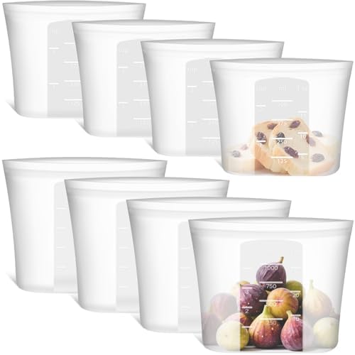 8-Pack Reusable Silicone Food Storage Bags, 100% Silicone Stand-Up Wide-Open Zip-Lock Reusable Storage Bags for Food, Freezer Microwave Oven Dishwasher Safe, Translucent, 4S 4XS by SiliseaDirect