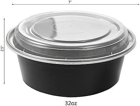 FULING 32 oz 50 ct Round Meal Prep Containers with Lids Plastic Food Storage Lunch Plan To Go Box Disposable Take Out Bowls Black BPA Free Reusable Durable Stackable Microwave Freezer Dishwasher Safe - Image 2